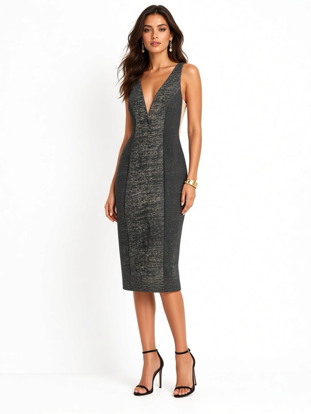 MARINA Gunmetal Gray Glitter  Sparkle Midi Dress Size 8